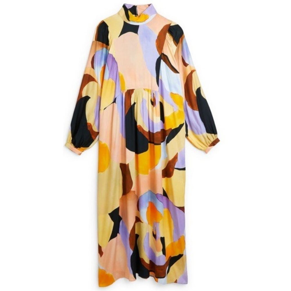 River Island Abstract Long Sleeve Maxi Dress NWT Mock Neck Back Buttons Small - Picture 4 of 4